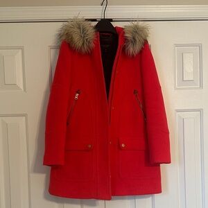 J. Crew Red Puffer Coat with Fur Hood